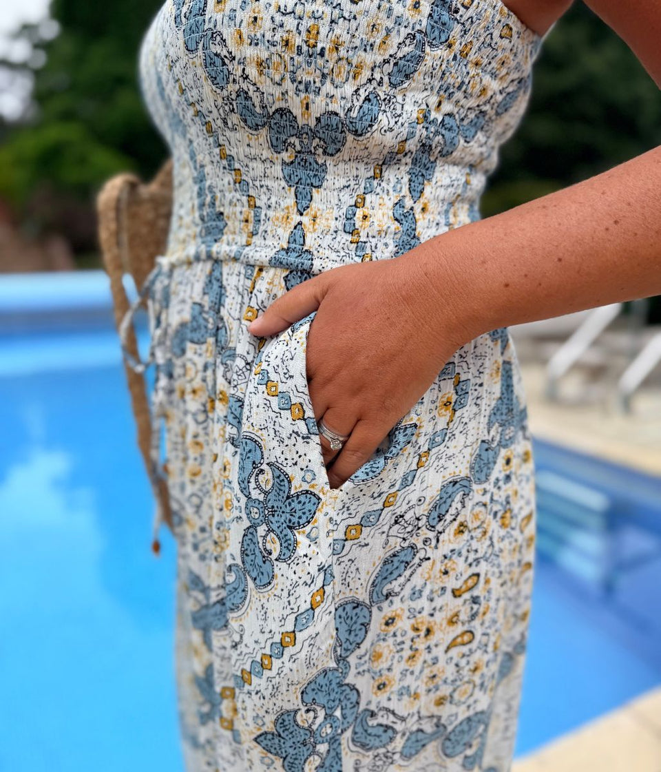 Tangier Blue Shirred Jumpsuit