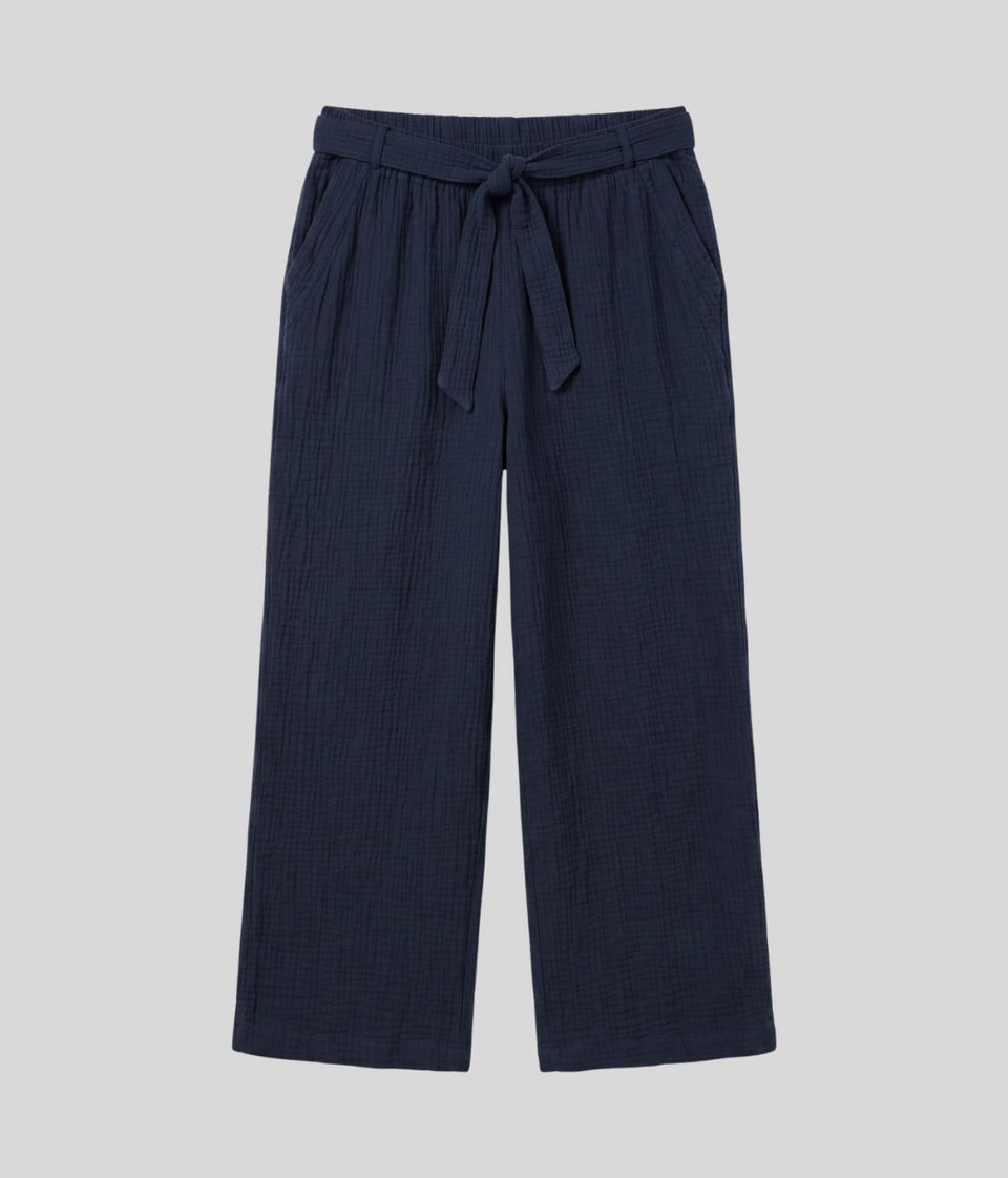 Navy Belted Cheesecloth Cotton Trousers