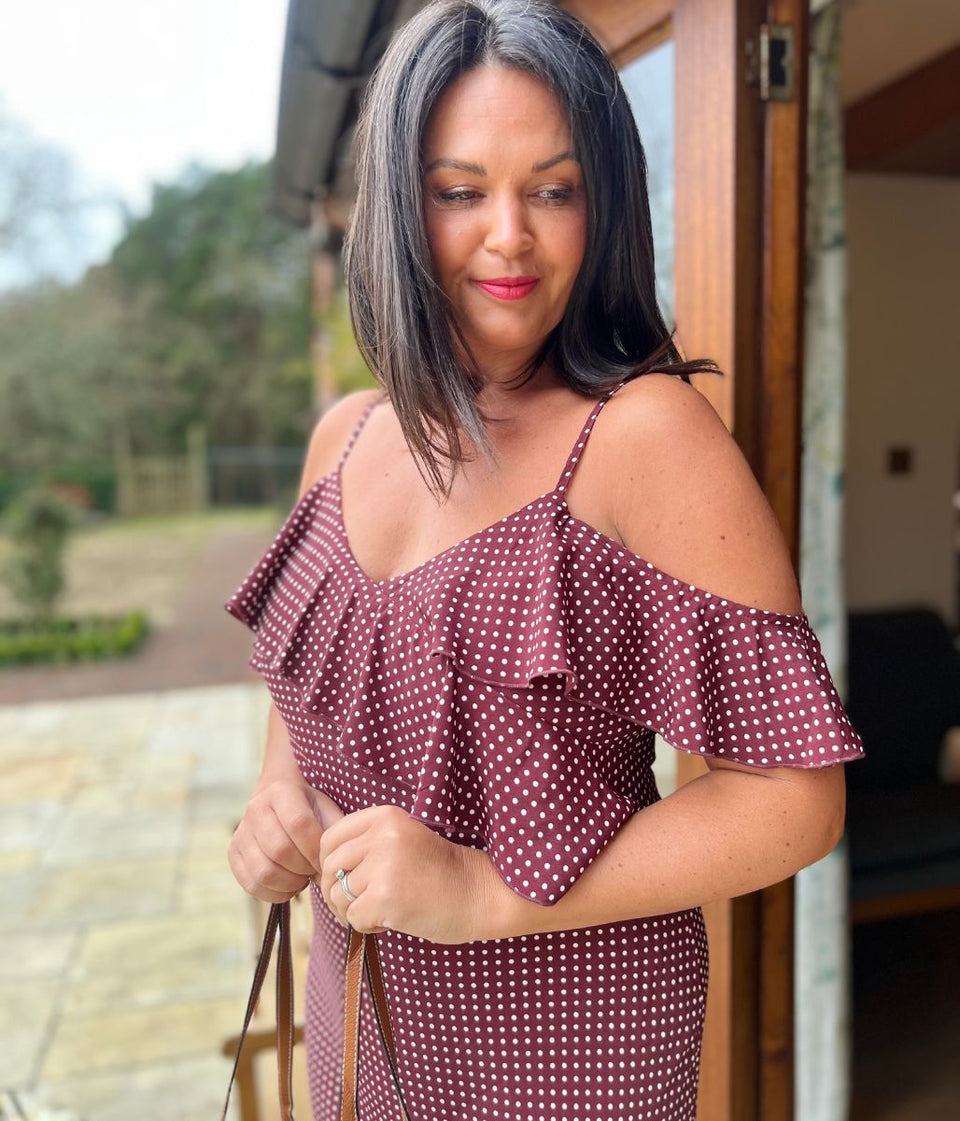 Brown Polka Dot Ruffle Midi Dress