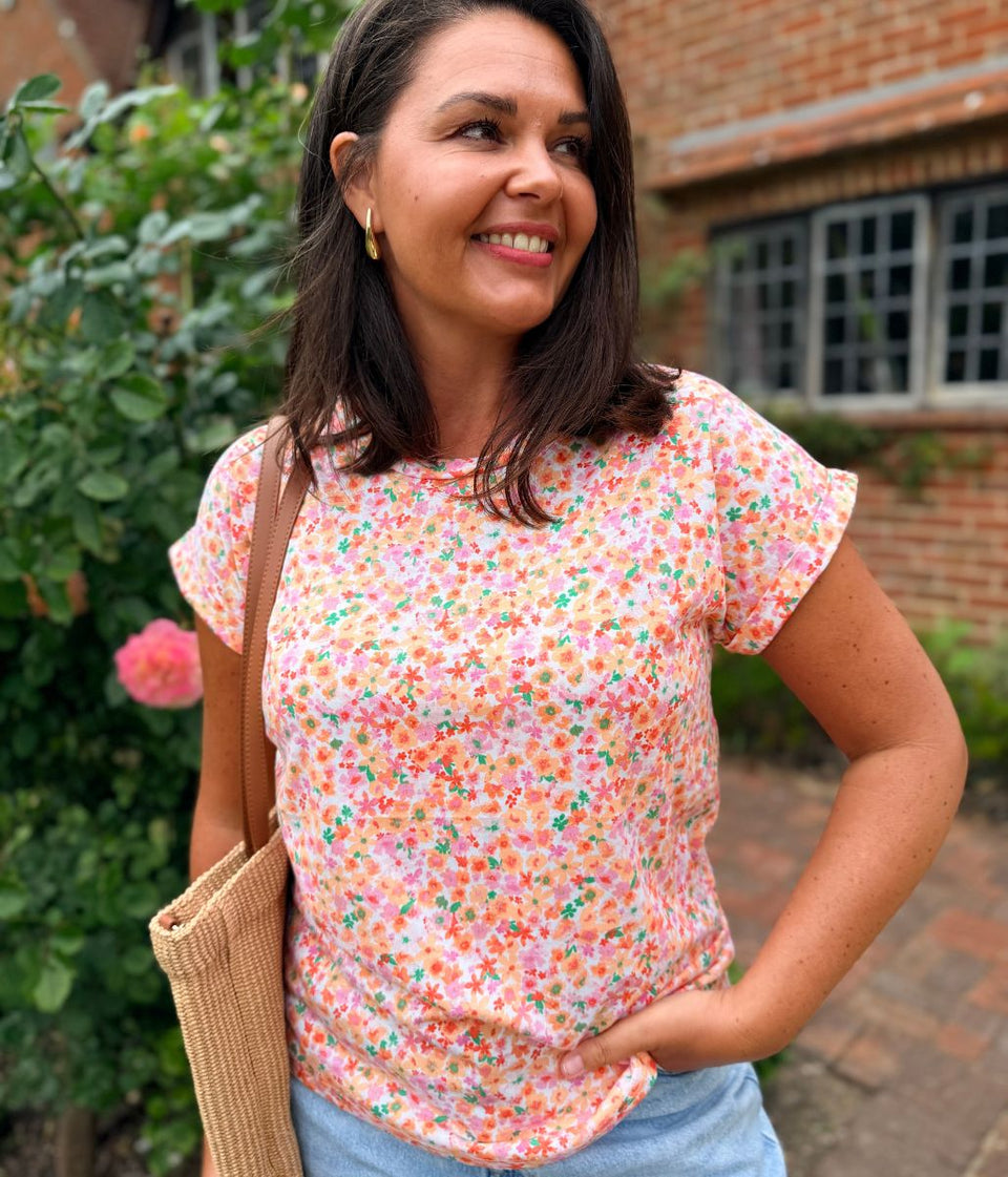 Peach Flower Print Cap Sleeve Top