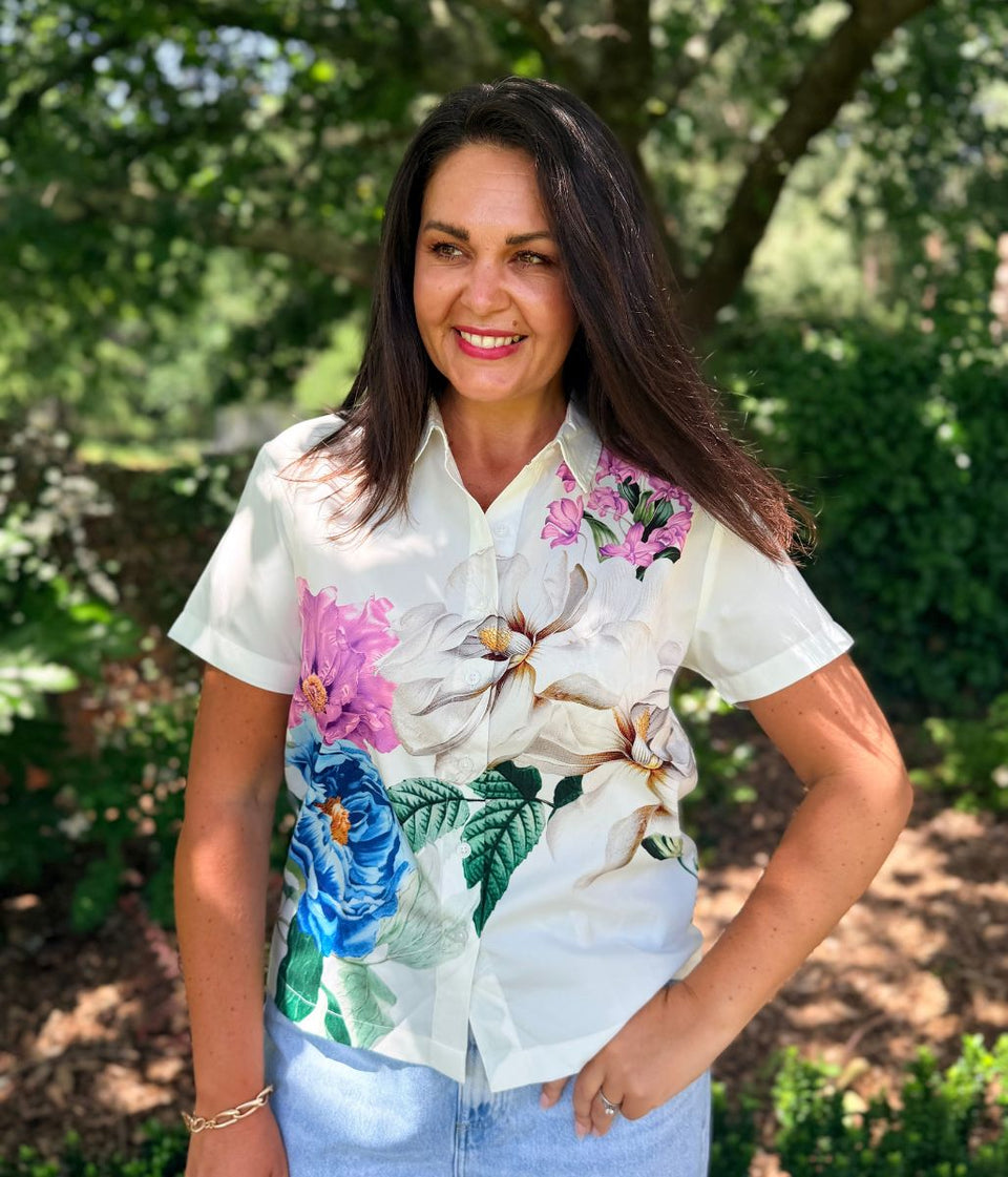 Blue Floral Short Sleeve Silky Shirt