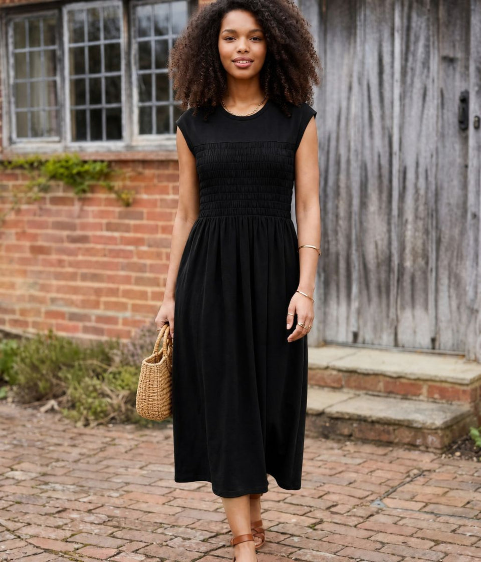 Black Shirred Jersey Dress