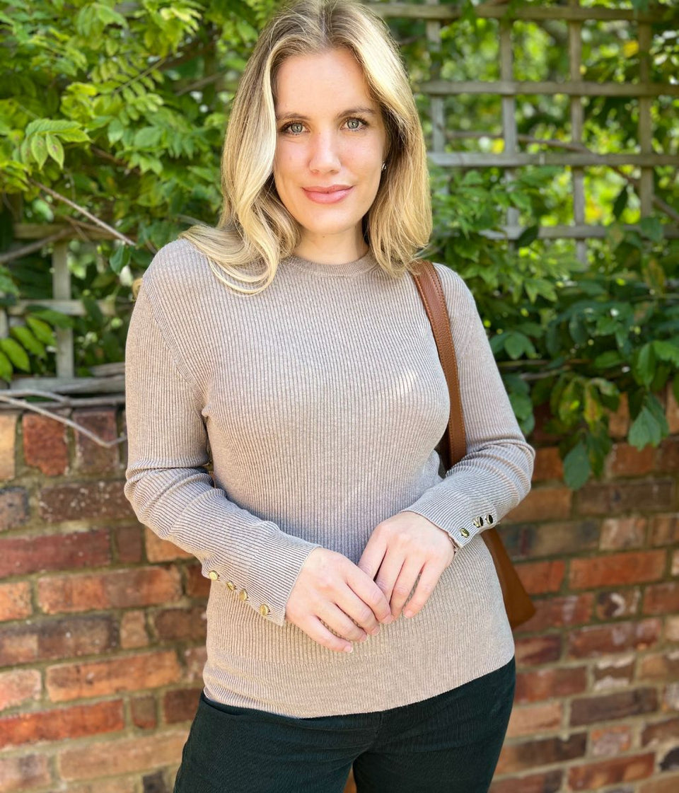 Taupe Ribbed Button Cuff Jumper