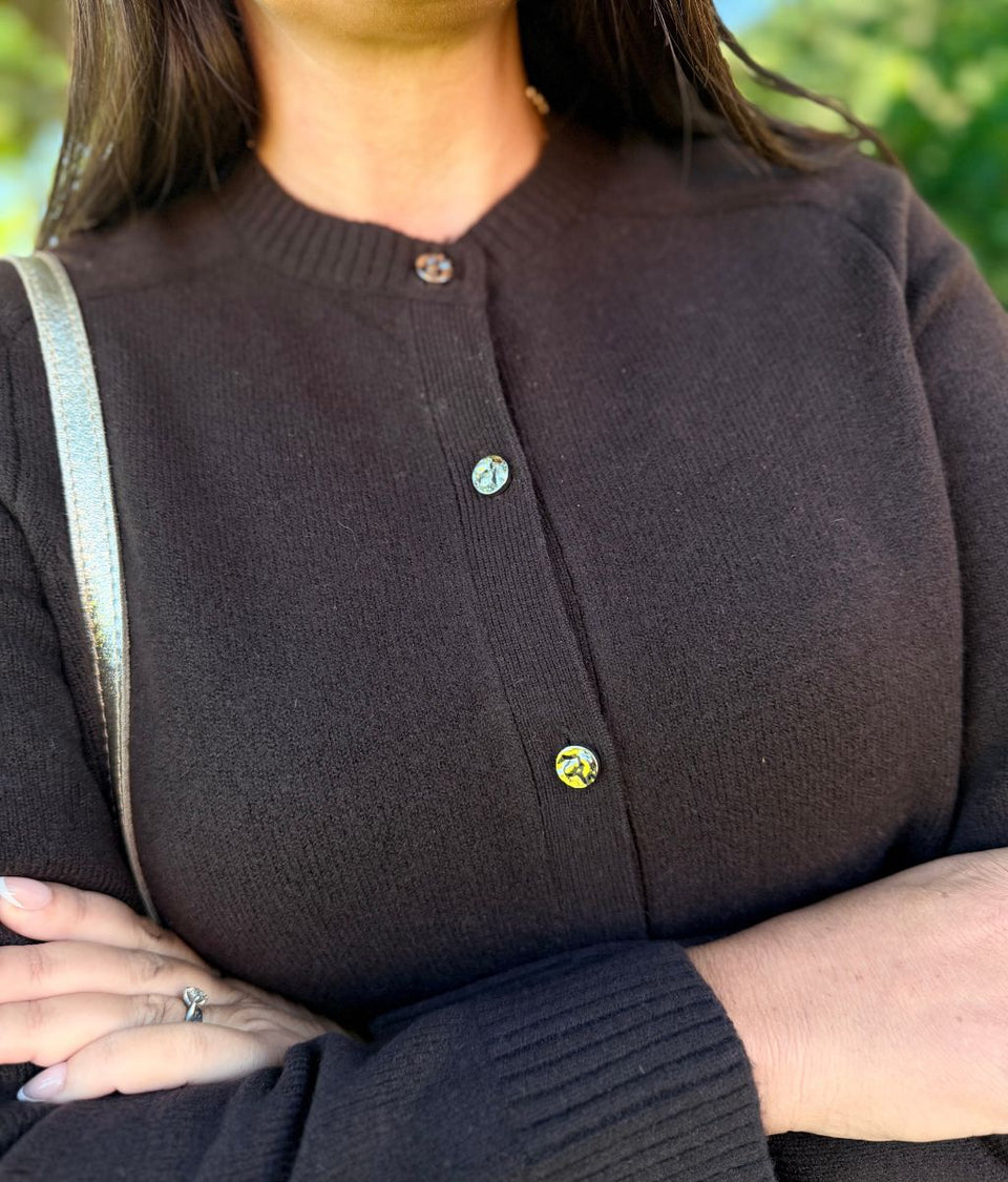 Chocolate Gold Button Pocket Cardigan