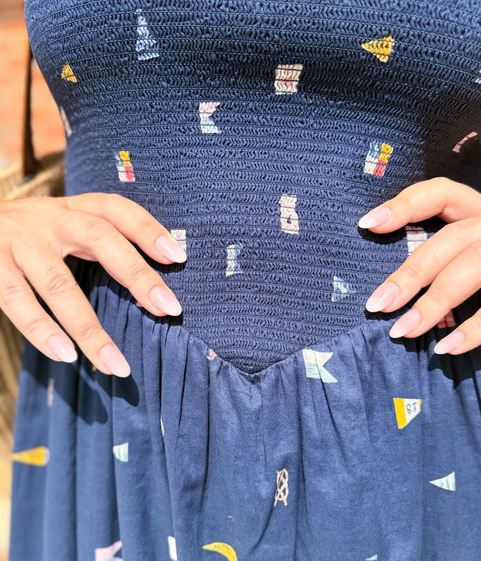 Navy Nautical Print Dipped Waist Smocked Midi Dress