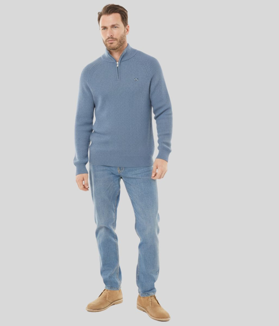 Mens Blue Ribbed Fisherman 1/4 Zip Jumper
