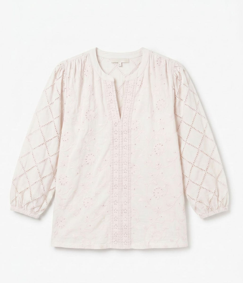 White Embroidered Contrast Long Sleeve Top