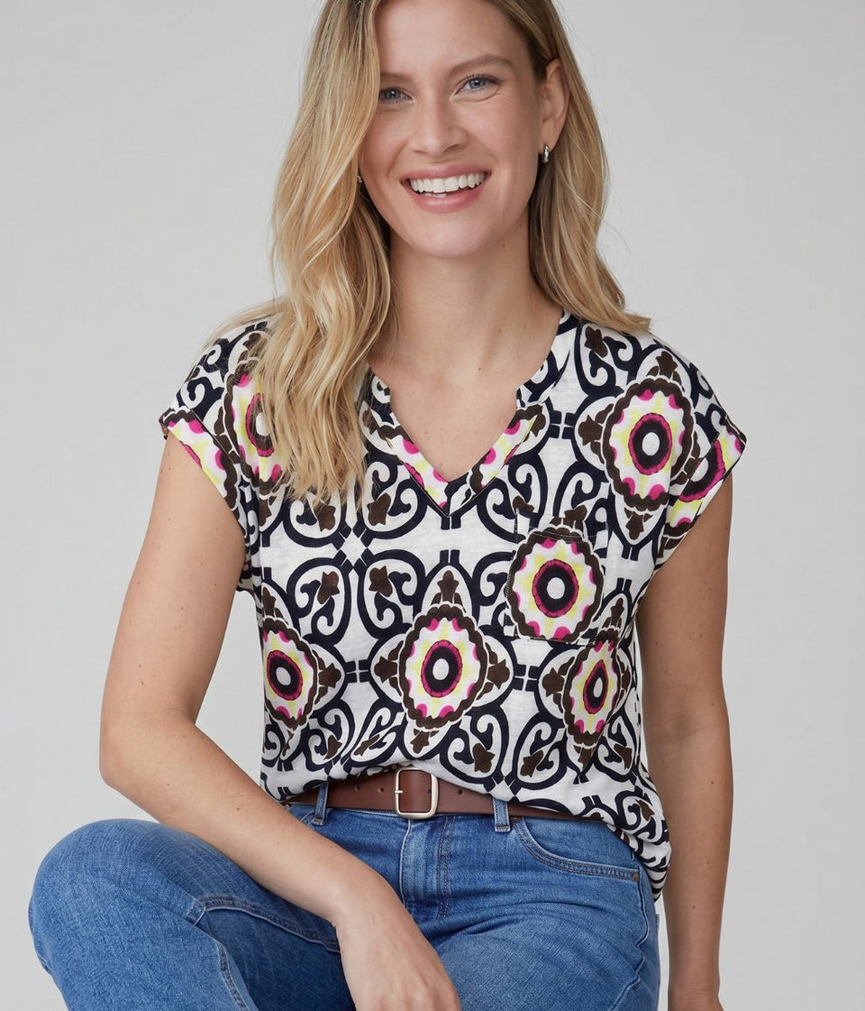 White Stuff Ivory Printed Iris Linen Tee