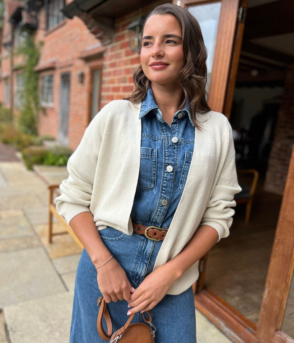 Stylish Edge-to-Edge Ivory Cotton Rich Cardigan