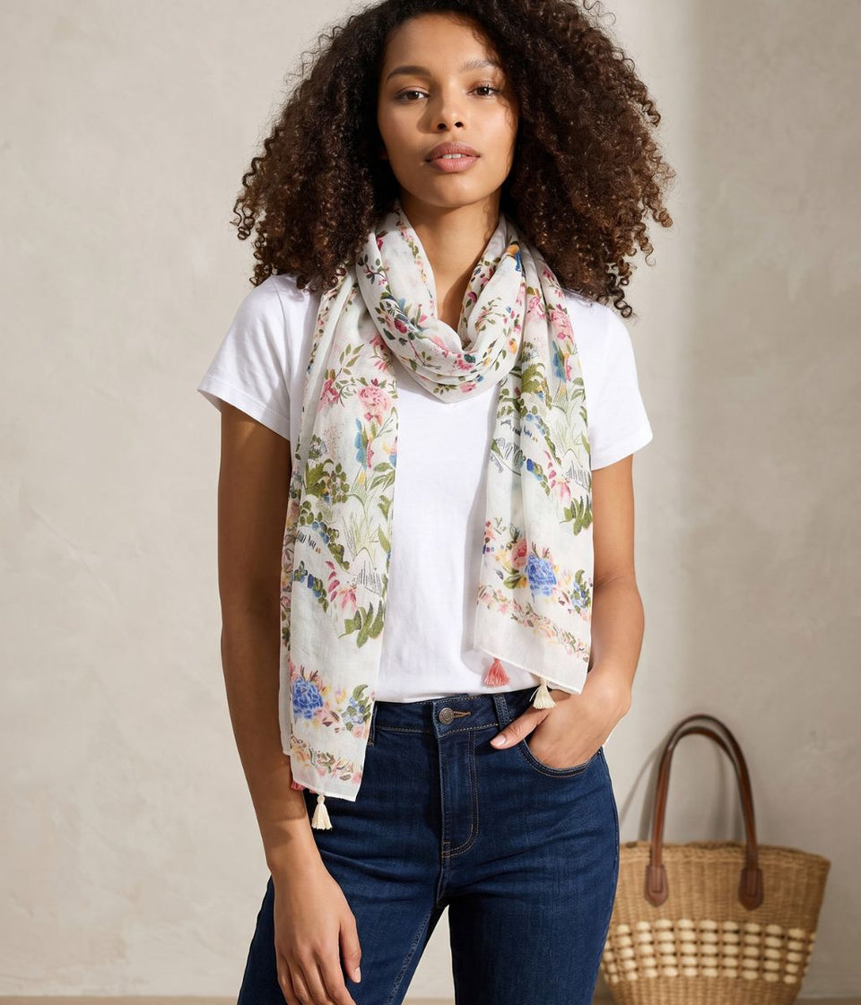 Bird & Flower Print Tasselled Edge Scarf