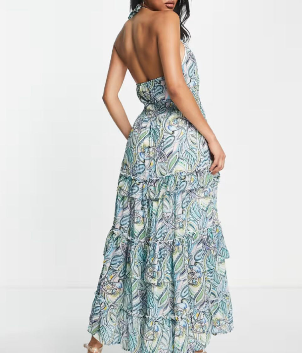 Blue Halter Neck Tiered Maxi Dress