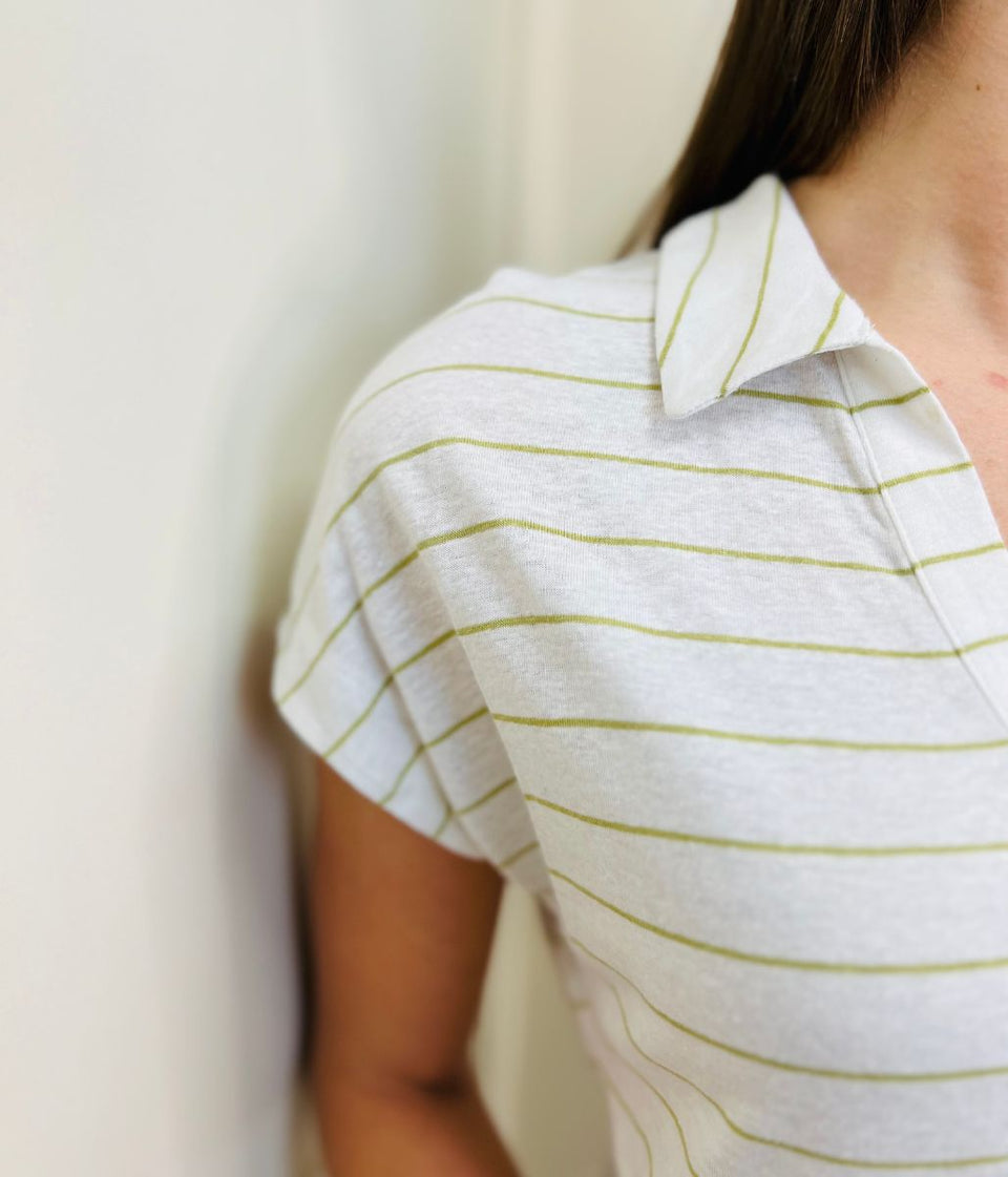 Ivory Linen Blend Striped Relaxed Collar Top