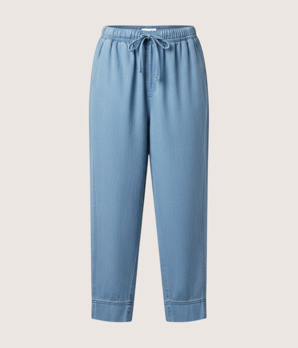 Blue Cropped Barrel Tencel Trousers