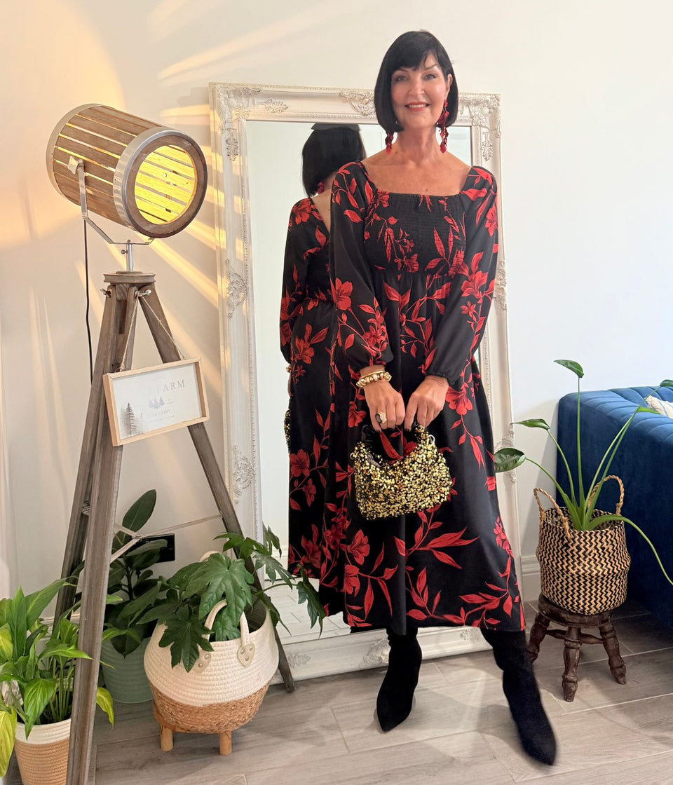 Red & Black Print Shirred Midi Dress