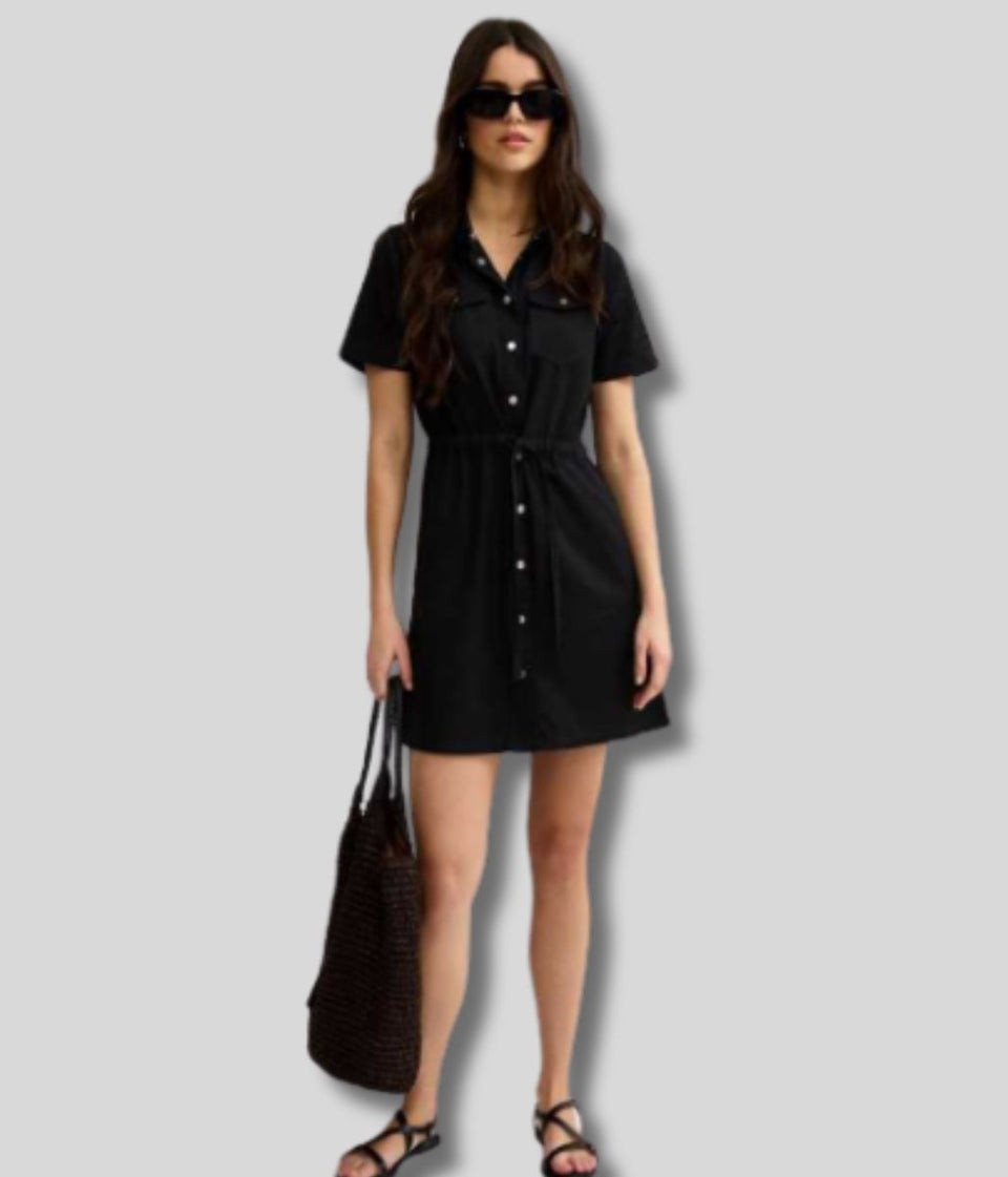 Black Buttercup Drawstring Shirt Dress