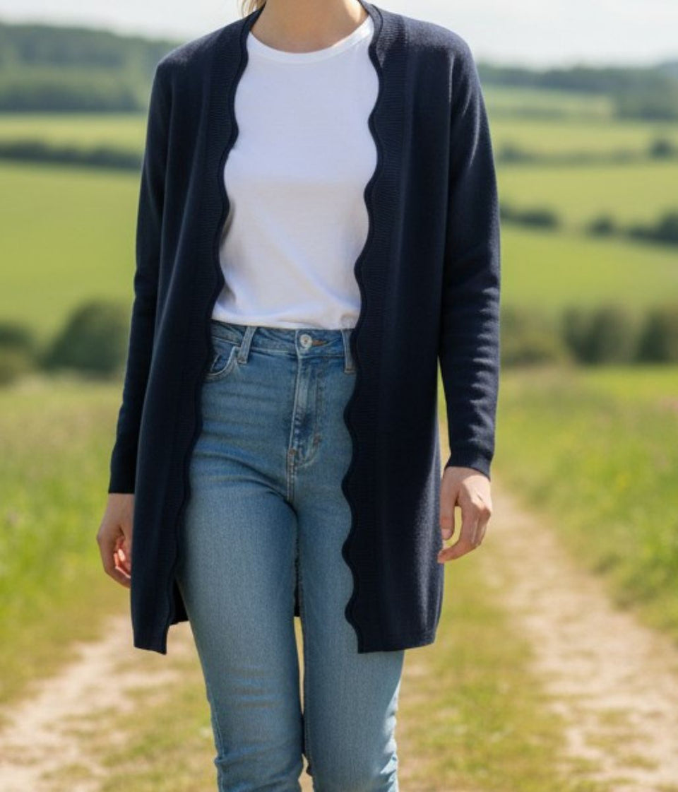 Navy Scallop Edge Open Cardigan