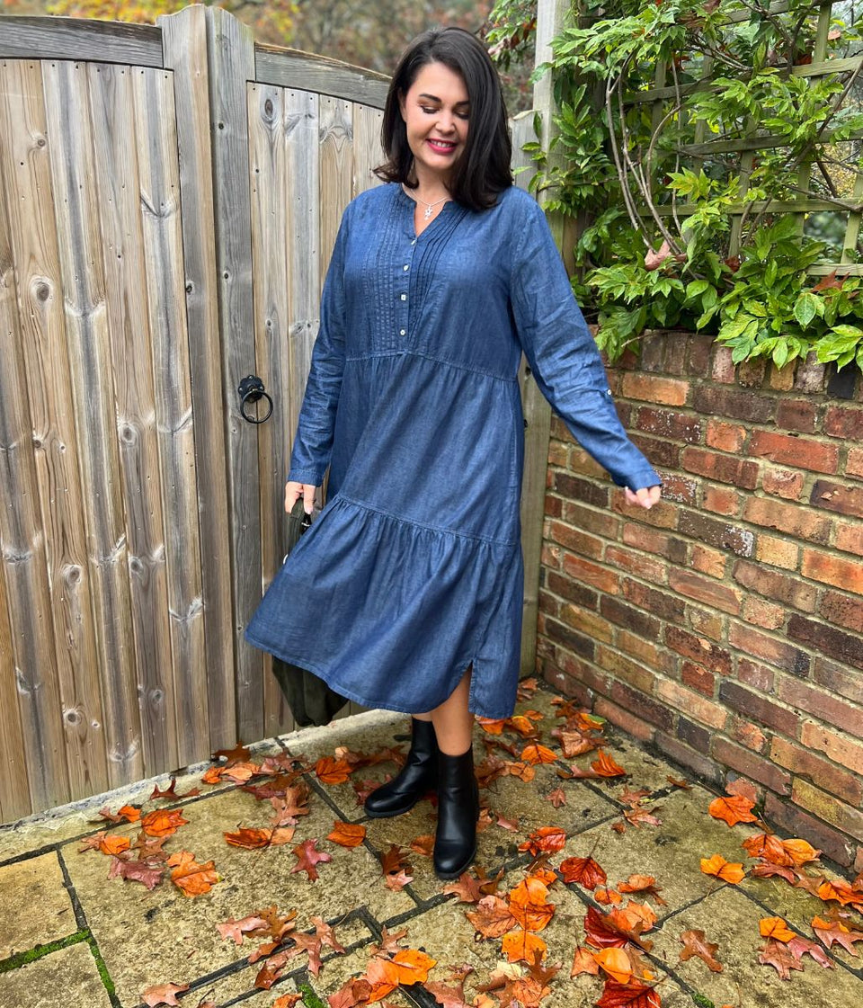 Chambray Tiered Midi Dress