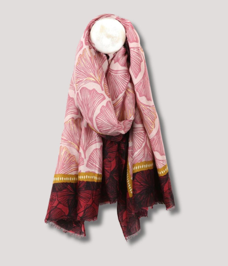 POM Red & Gold Gingko Leaf Print Scarf