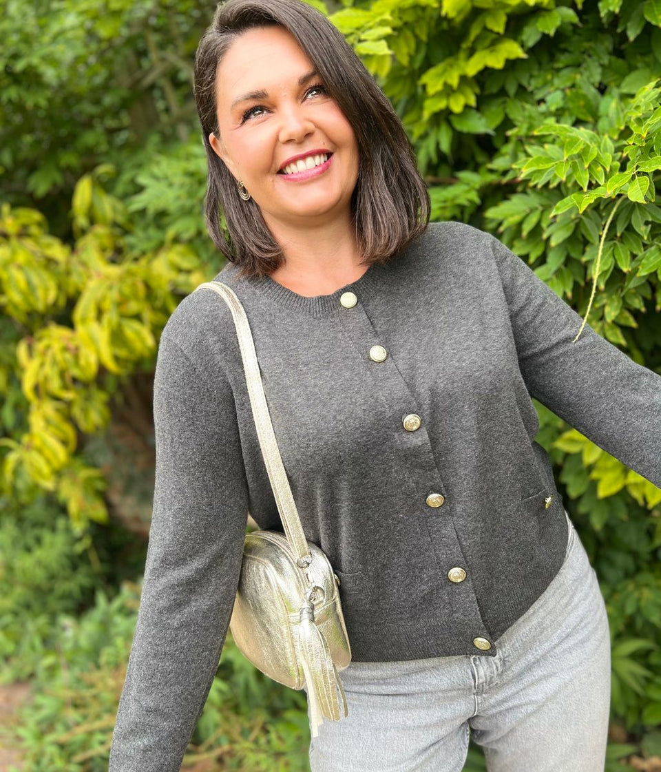 Grey Cardigan Sweater with Gold Buttons