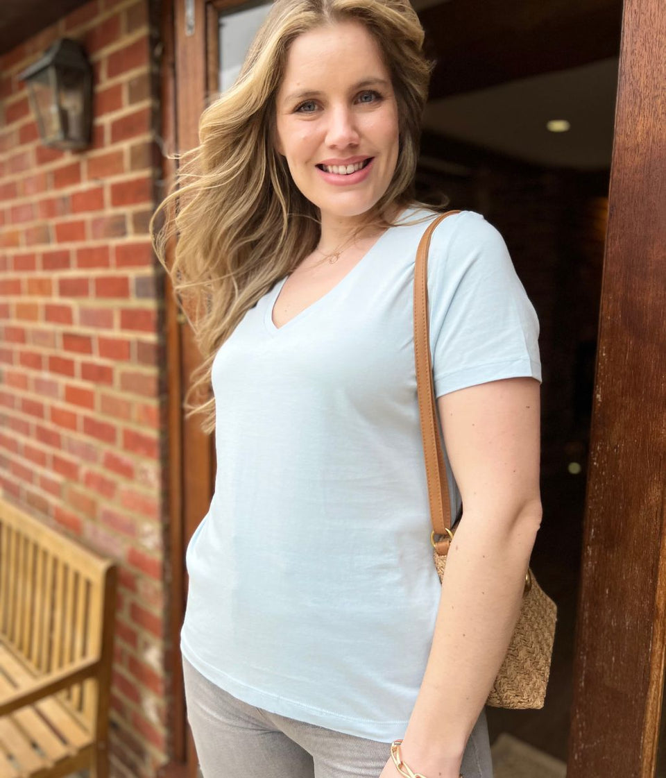 Ice Blue Pure Cotton V Neck T Shirt