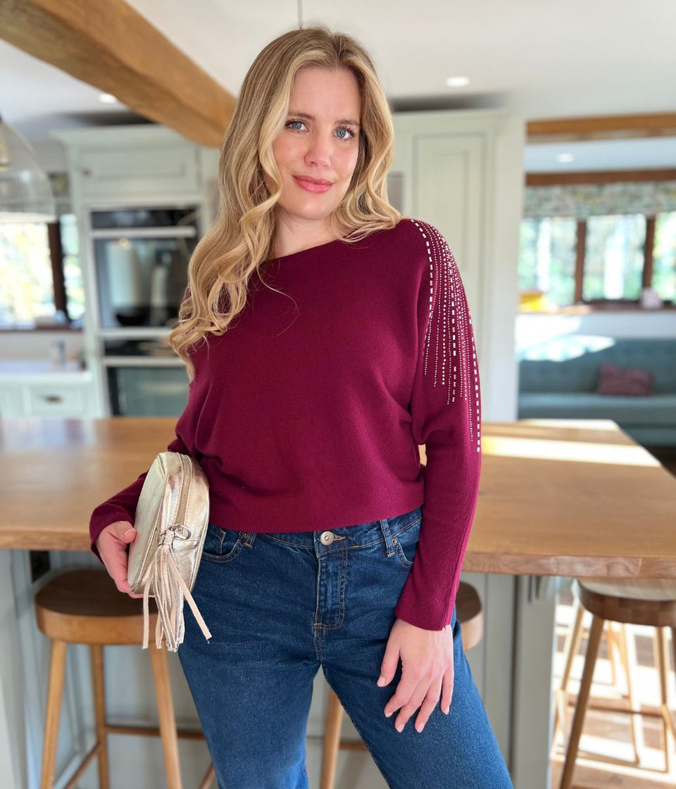 Berry Diamante Sleeve Embellished Jumper