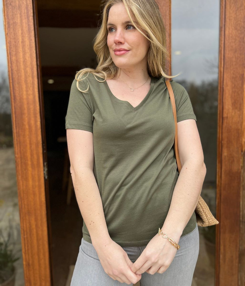 Green Pure Cotton V Neck T Shirt