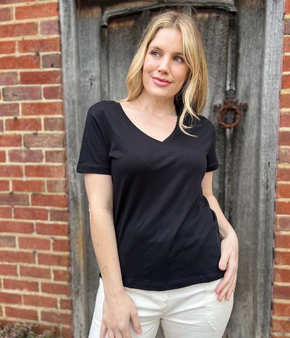 Black Pure Cotton V Neck T Shirt
