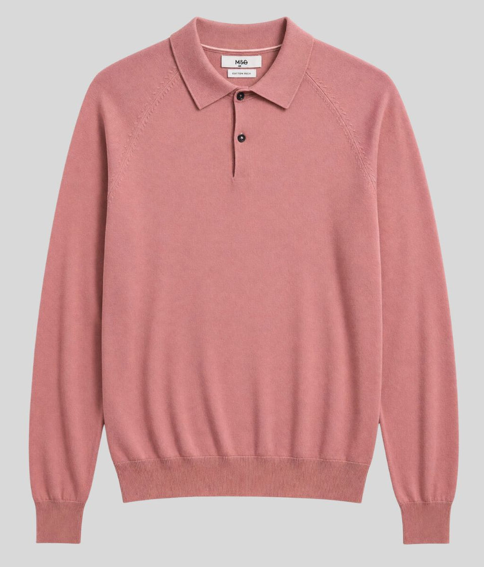 Mens Antique Rose Cotton Rich Long Sleeve Knitted Polo Top
