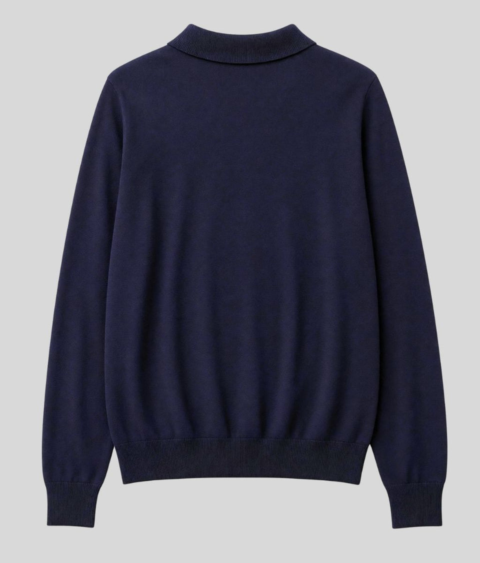 Mens Navy Cotton Rich Long Sleeve Knitted Polo Top
