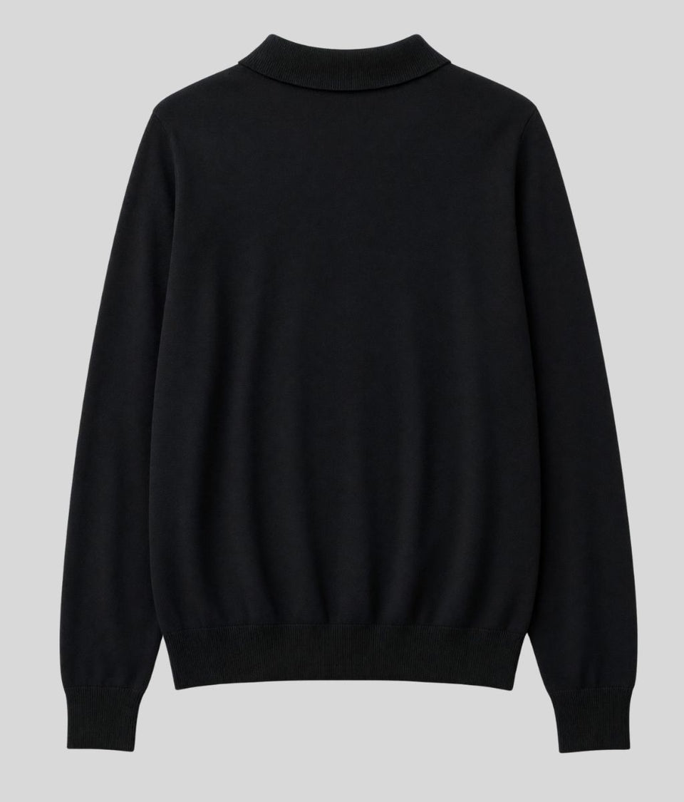 Mens Black Cotton Rich Long Sleeve Knitted Polo Top