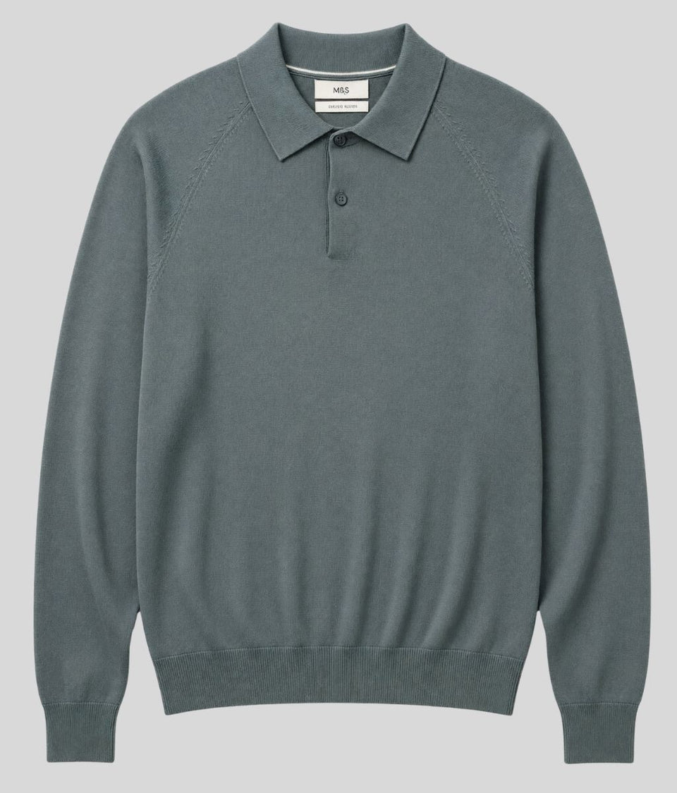Mens Pewter Cotton Rich Long Sleeve Knitted Polo Top