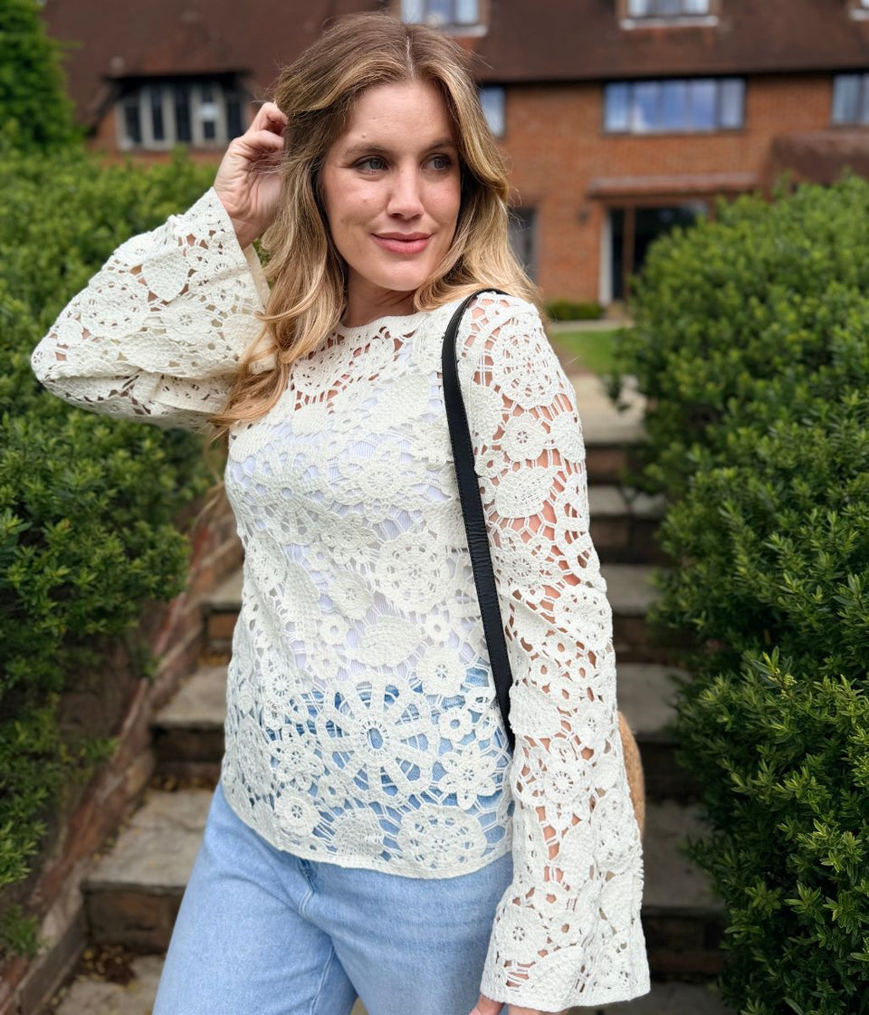 Ivory Floral Crochet Bell Sleeve Top