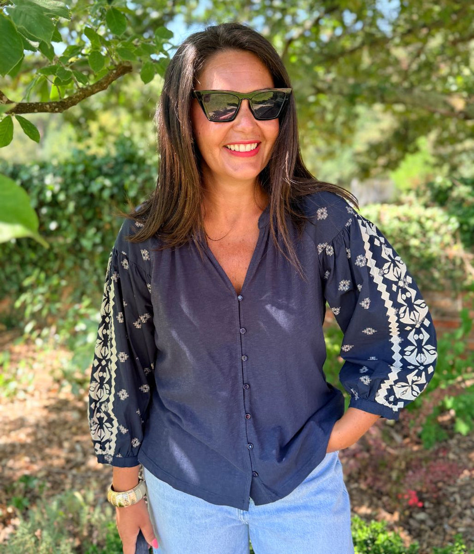 Navy Aztec Sleeve Button Through Top