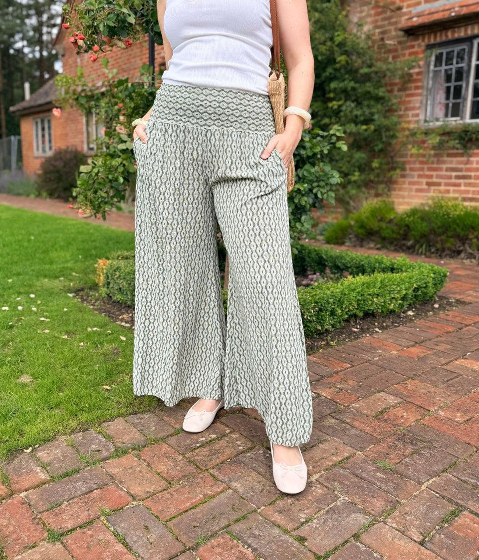 Green Mandala Wide Leg Palazzo Trousers