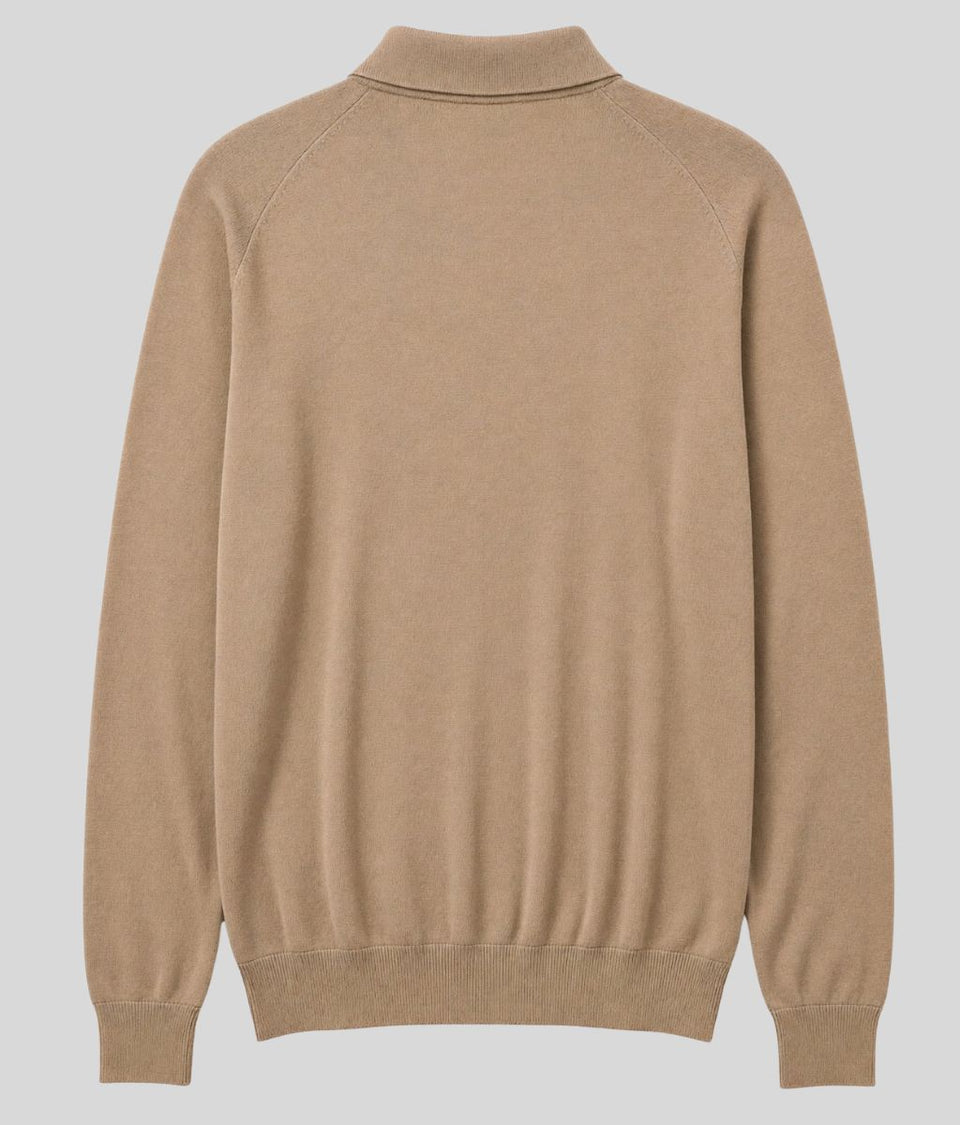 Mens Beige Cotton Rich Long Sleeve Knitted Polo Top