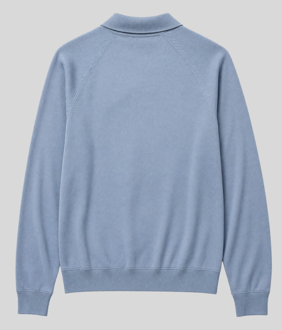Mens Light Blue Cotton Rich Concealed Button Knitted Polo Top