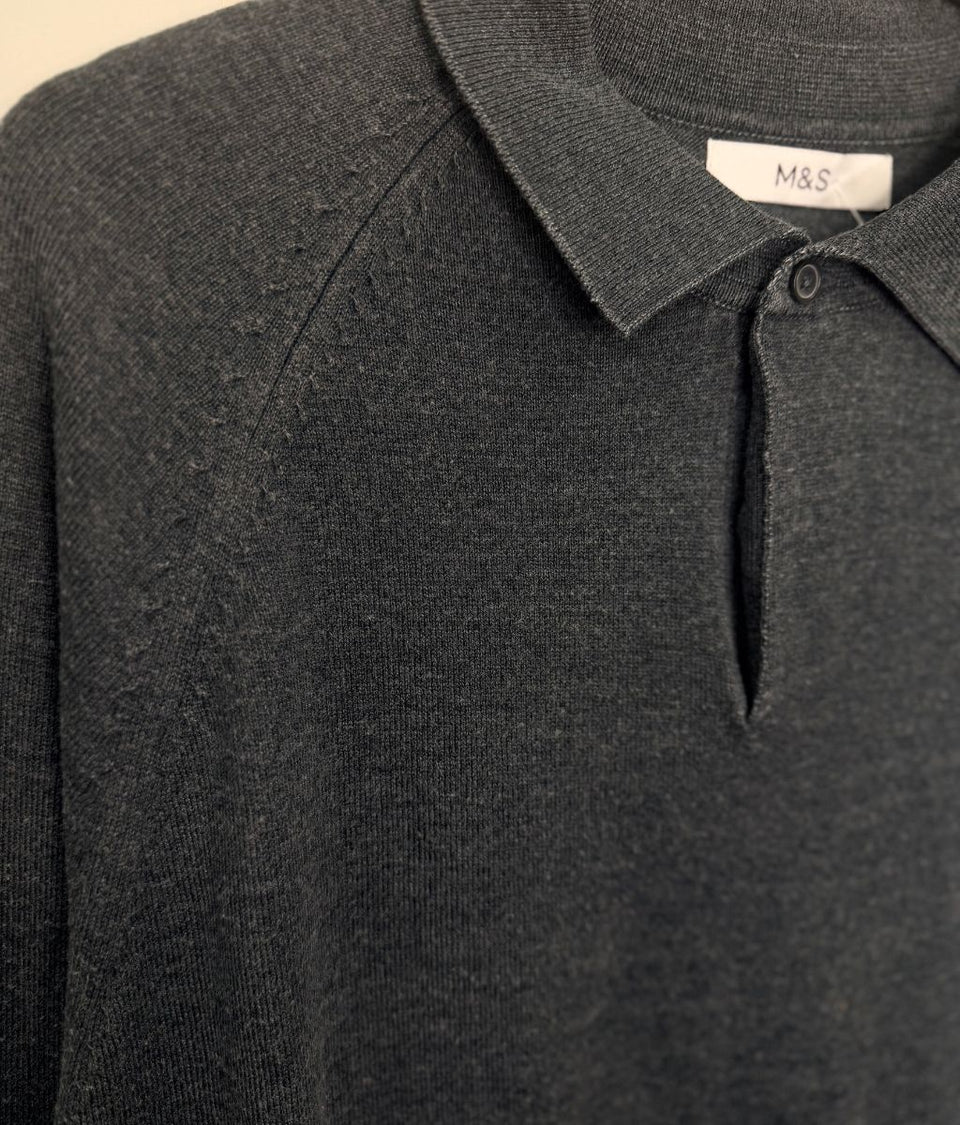 Mens Dark Grey Cotton Rich Concealed Button Knitted Polo Top