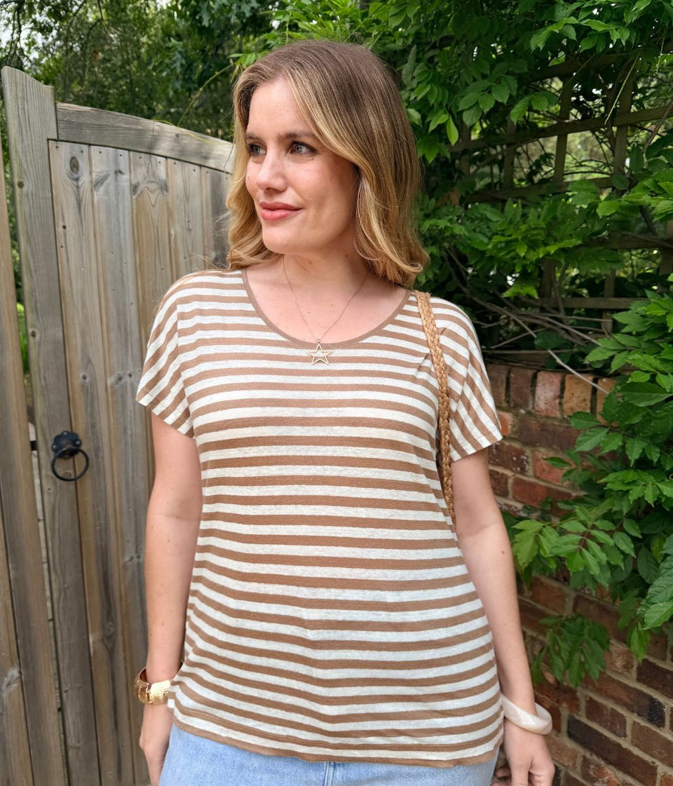 Brown Striped Linen Blend T Shirt
