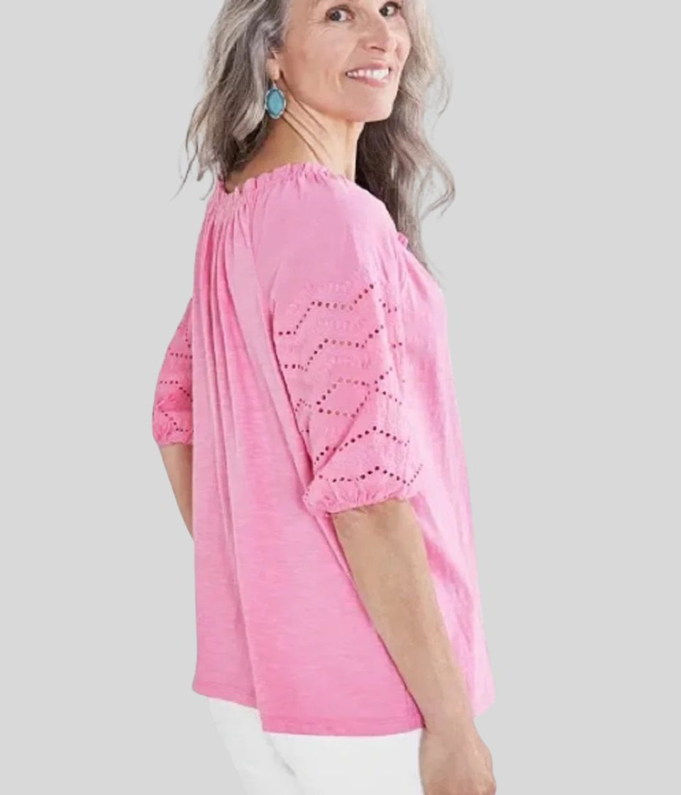 Pink Anglaise Sleeve Tassel Tie Top