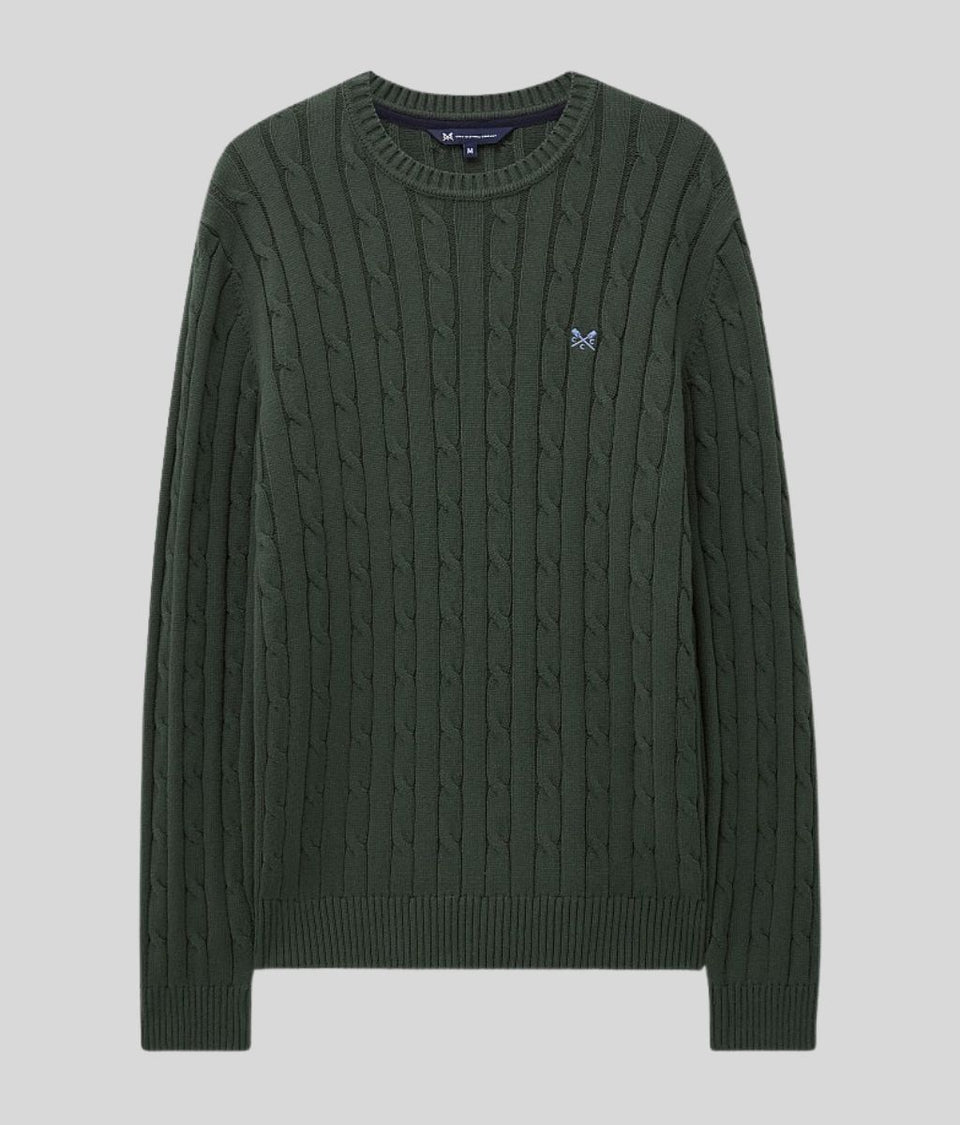 Mens Green Oarsman Cable Knit Crew Neck Jumper