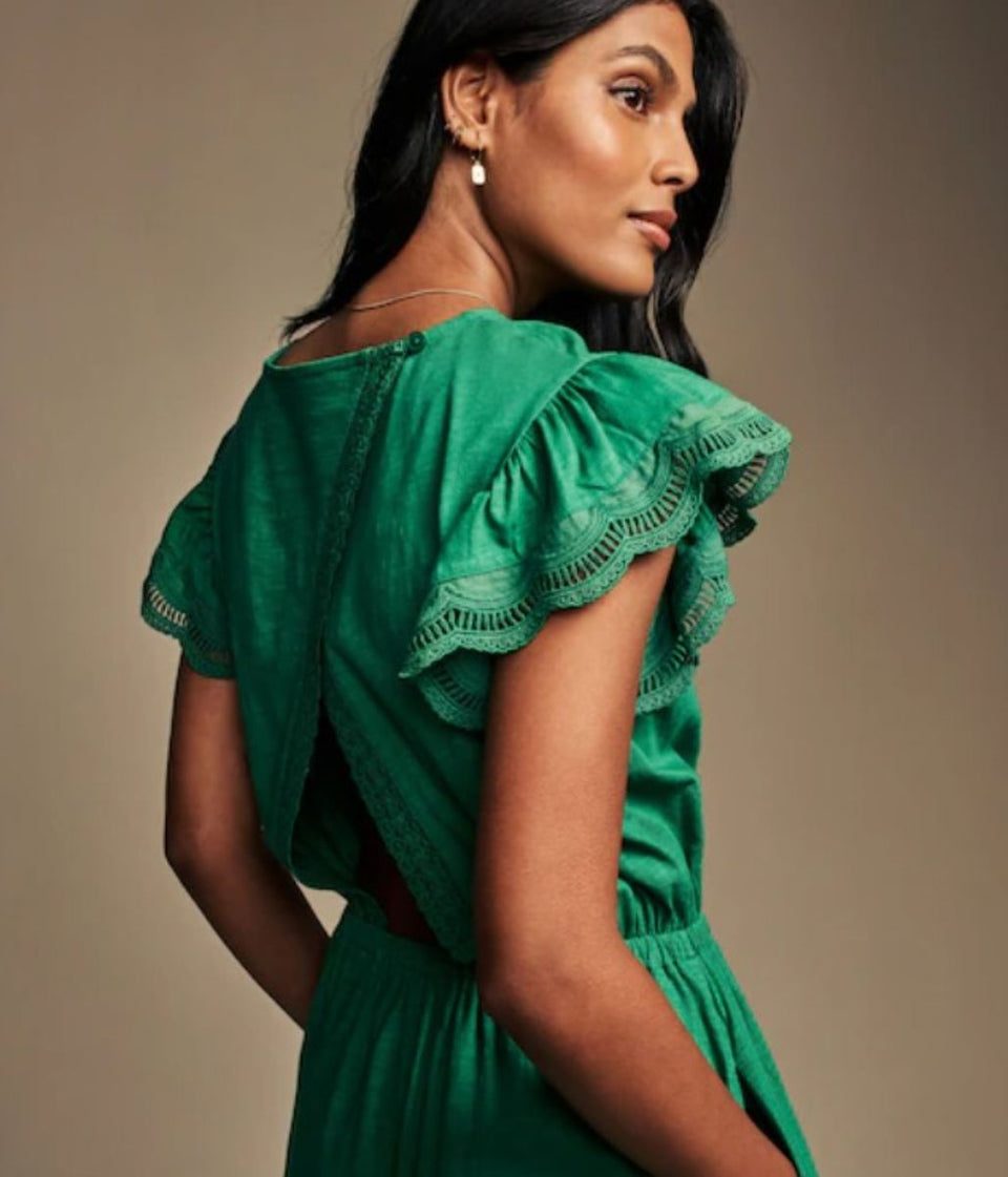 Green Broderie Frill Sleeve Cotton Jersey Dress