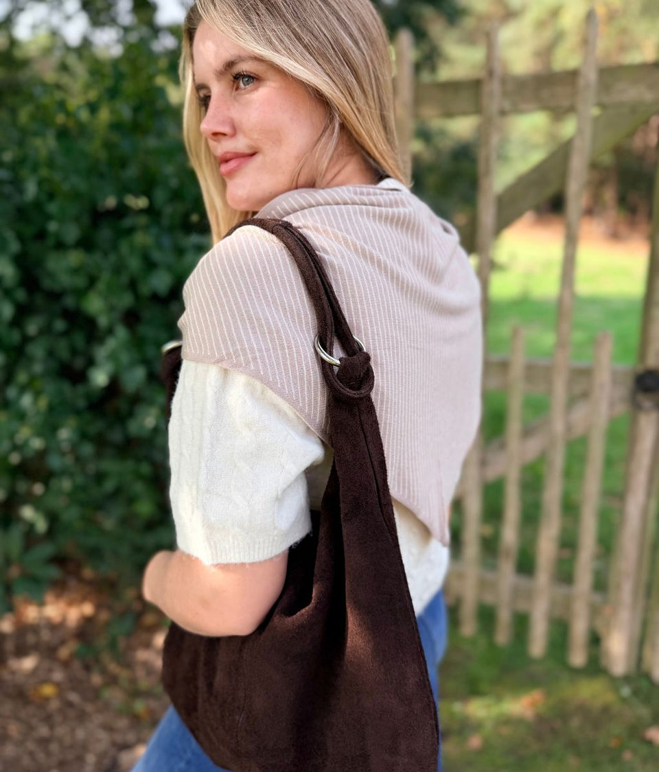 Beige Striped Reversible Triangle Wool Blend Scarf