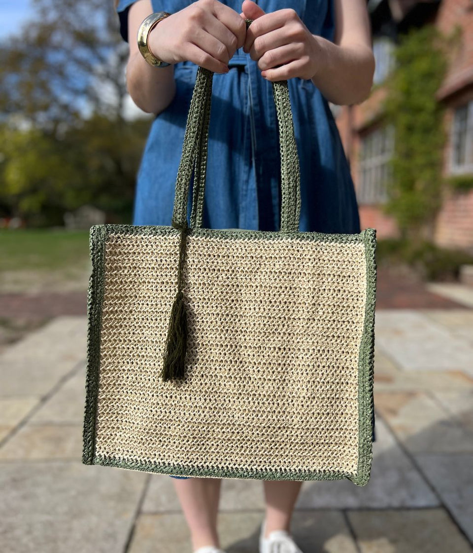 Green Trim Raffia Tote Bag