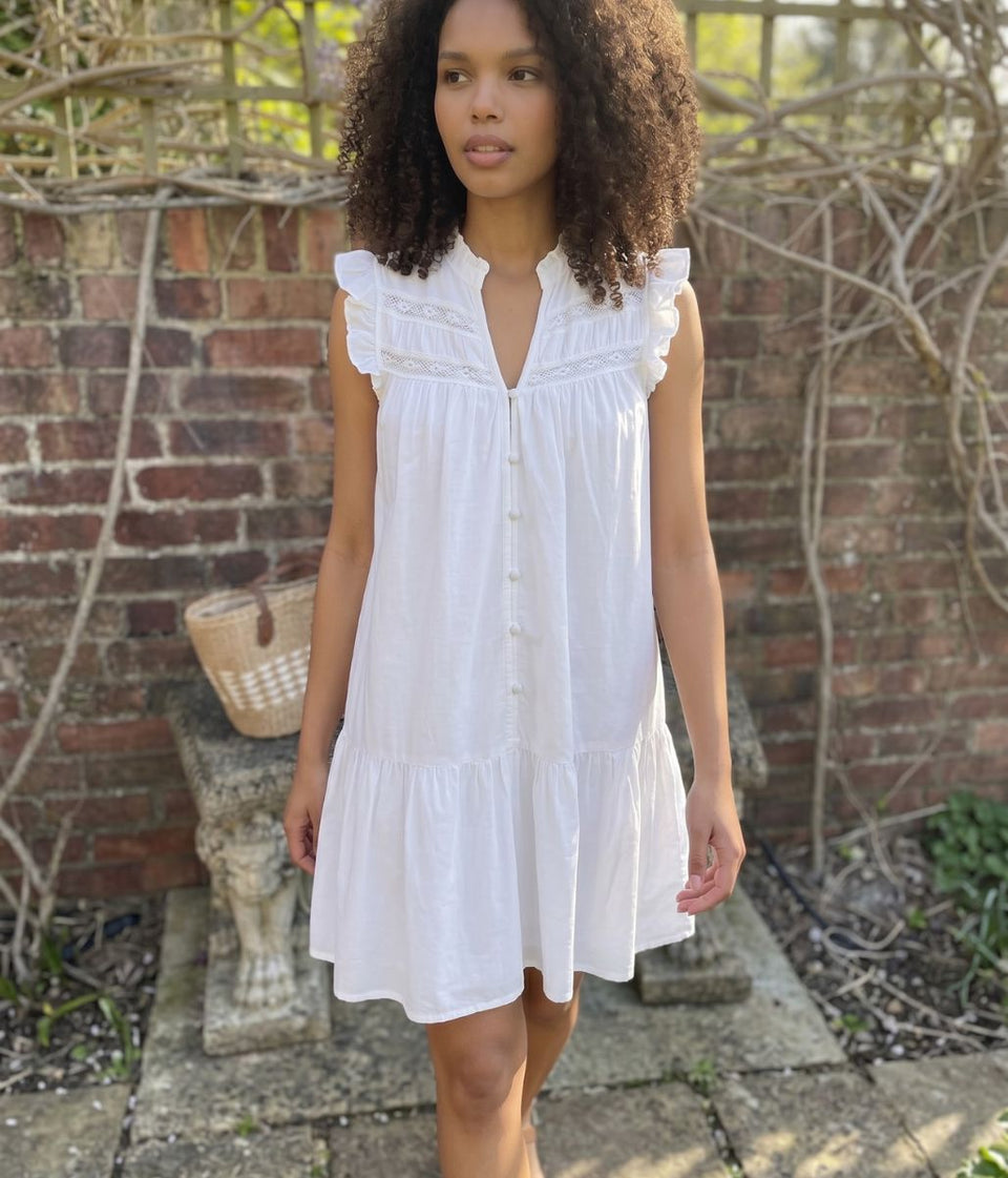 White Linen Blend Embroidered Detail Dress