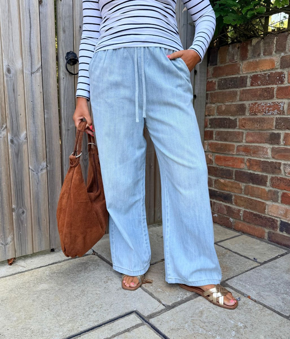 Light Blue Cotton Rich Drawstring Wide Leg Trousers