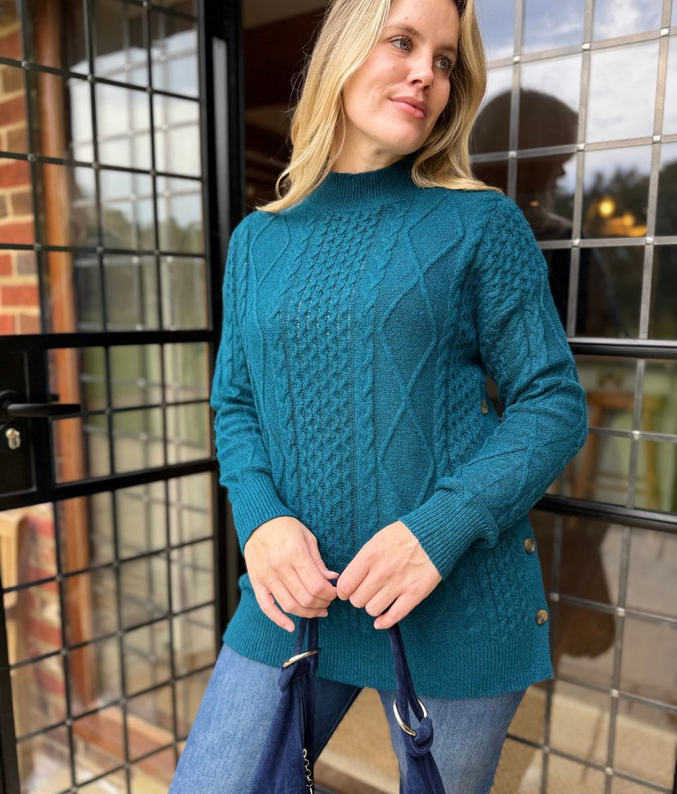 Teal Side Button Textured Knit Jumper