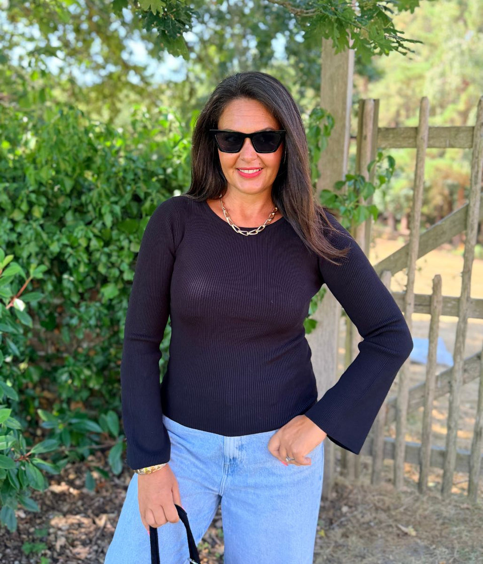Black Flute Sleeve Ribbed Jumper