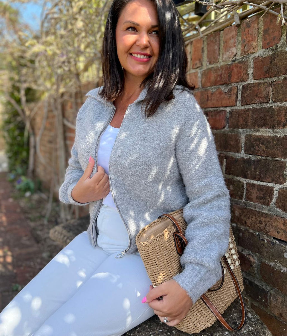 Grey Boucle Wool Blend Zip Up Jumper