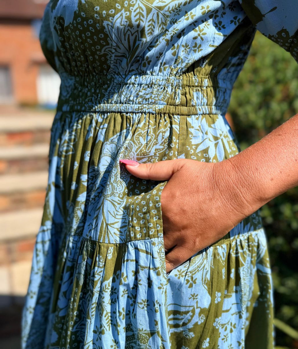 Green Flower Print Waisted Midi Dress