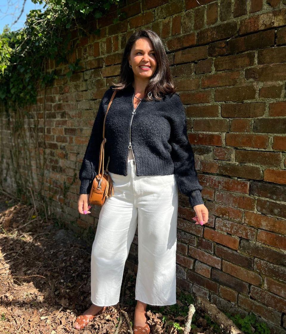 Navy Boucle Wool Blend Zip Up Jumper